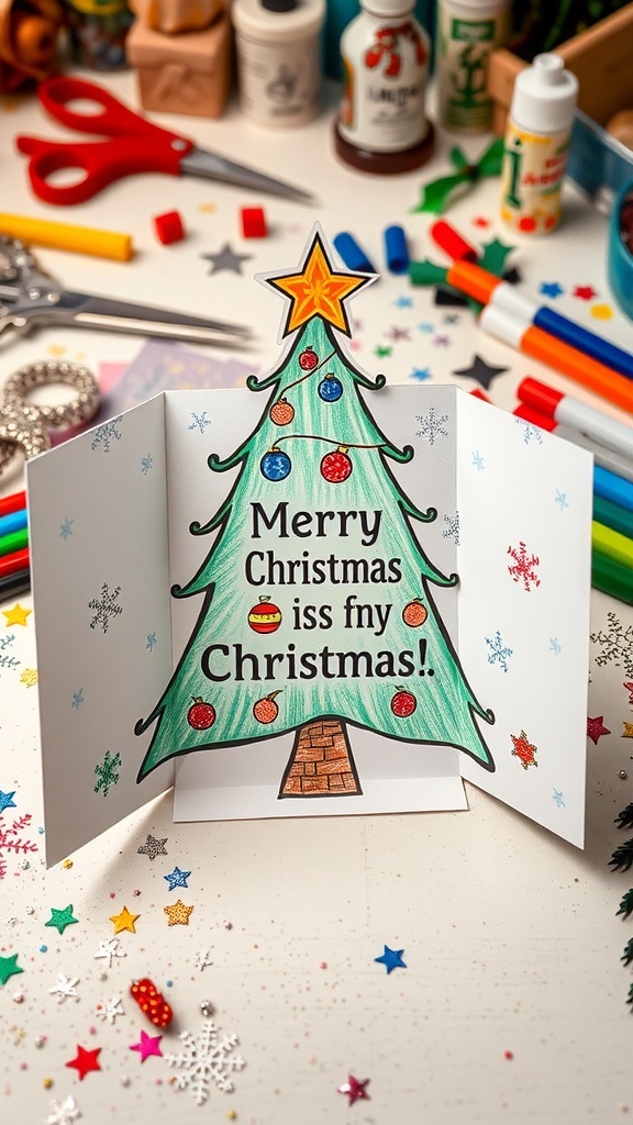 A handmade Christmas card with a decorated tree and festive designs on a crafting table.